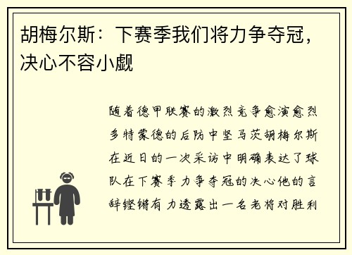 胡梅尔斯：下赛季我们将力争夺冠，决心不容小觑